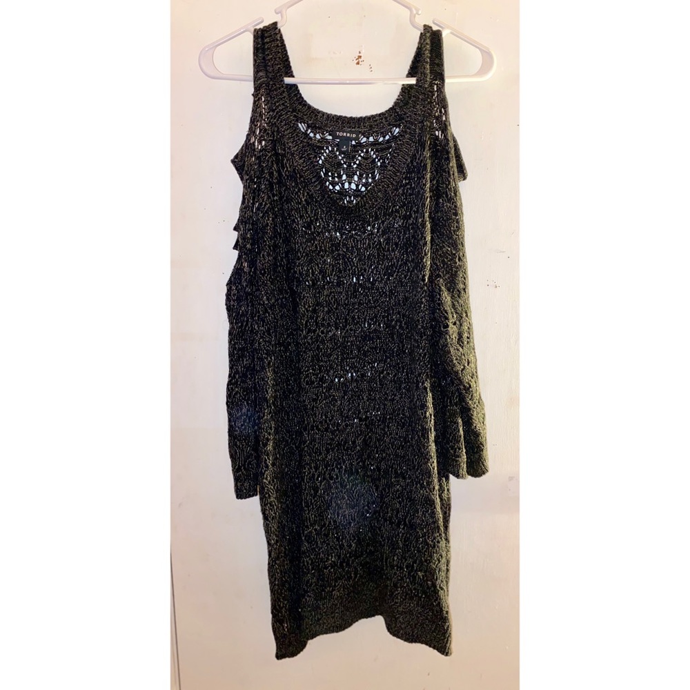 Torrid gray cold shoulder open knit sweater